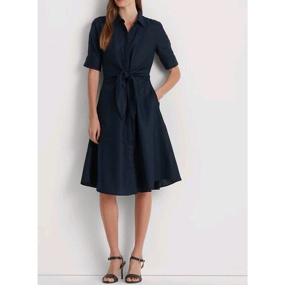 Lauren Ralph Lauren Dresses & Skirts - NEW Lauren Ralph Lauren Tie Front Linen Shirtdress Sz 10 Navy Blue Short Sleeve